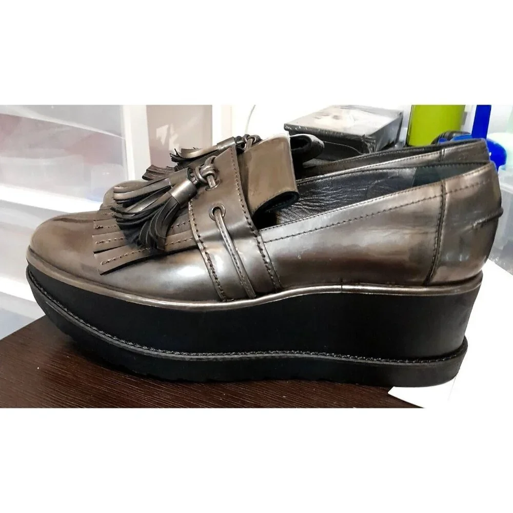 Stuart Weitzman Platform Shoes Preppy Chunky Metallic Gold Loafer Size 9.5M
